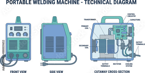 Portable welding machine technical diagram with front view, side view, cross section, transformer coils, industrial engineering vector illustration
