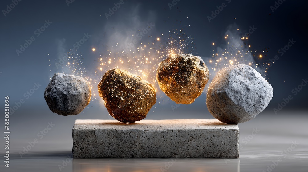Fototapeta premium Four large rocks, one of which is gold, flying through the air. Concept of chaos and destruction, as the rocks collide and scatter in different directions