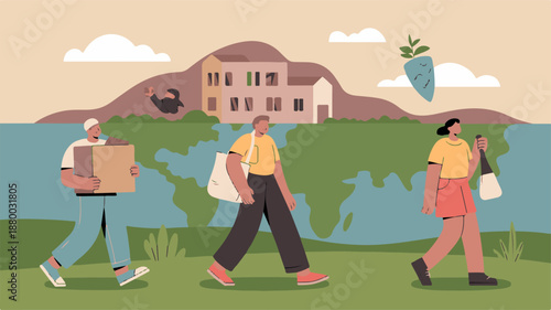People Migrating Across the Globe Due to Climate Change, Illustration of Displacement and Movement Across Landscapes