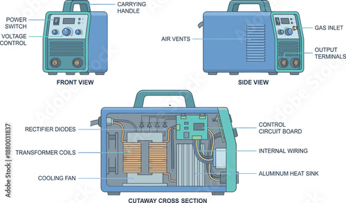 Welding machine vector set with front view, side view, cross section, industrial equipment, engineering tools, factory process illustration