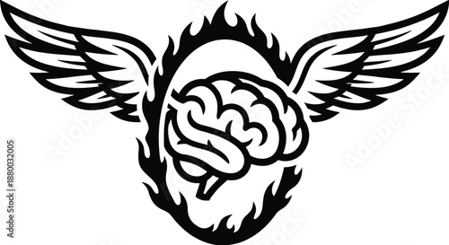 Brain with wings flying through a burning fire hoop