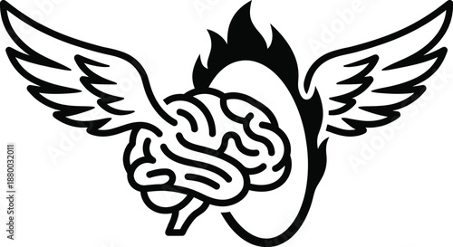Brain with wings flying through a burning fire hoop