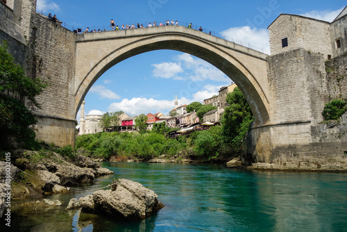 Mostar, Bosnia and Herzegovina - 05.02.2025: historical Stari Most or Old Bridge, over Neretva river