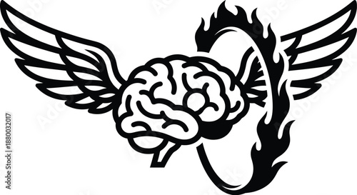 Brain with wings flying through a burning fire hoop