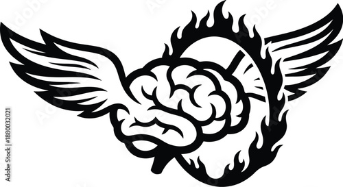 Brain with wings flying through a burning fire hoop