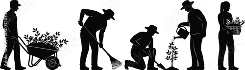Gardening people silhouette set with workers planting, watering and carrying plants, eco lifestyle agriculture and outdoor yard work