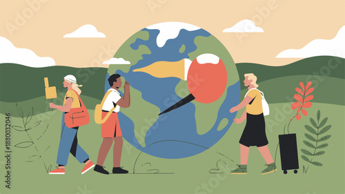 Illustration of people walking with earth globe in a serene landscape, conveying global unity and environmental awareness from a distant viewpoint.