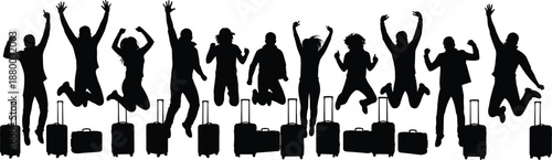 Happy travelers jumping with luggage silhouettes, group vacation celebration at airport concept for tourism, travel and adventure