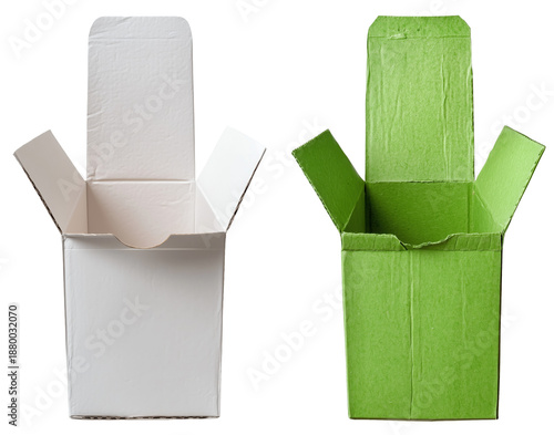 open cardboard shipping boxes isolated on white background, logistics delivery storage concept.