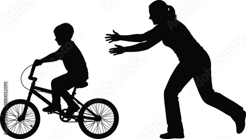 Mother teaching young child to ride bicycle silhouette illustrating parenting support learning balance and childhood independence outdoor moment safety