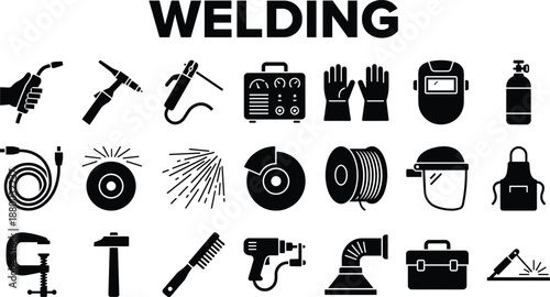 Welding tools and equipment icons set with torch, machine, helmet, gloves, safety gear, industrial process vector illustrations