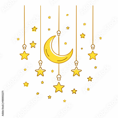 Whimsical Hanging Crescent Moon and Stars Vector Illustration
