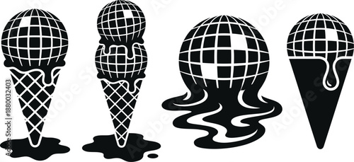 Disco ball ice cream cone melting flat vector illustration