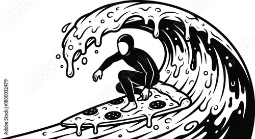 Surfing pizza slice on melted cheese wave vector illustration