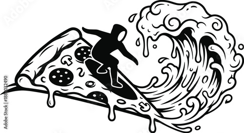 Surfing pizza slice on melted cheese wave vector illustration