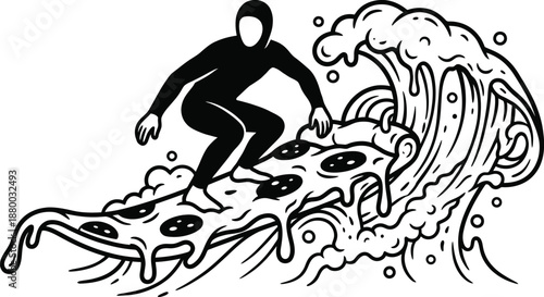 Surfing pizza slice on melted cheese wave vector illustration