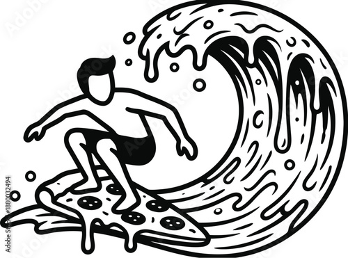 Surfing pizza slice on melted cheese wave vector illustration