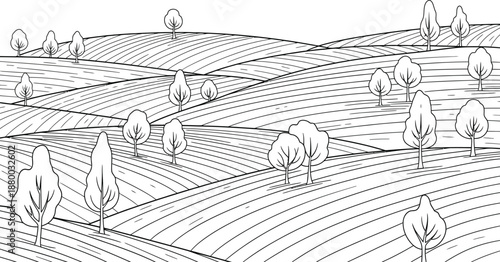 Black and white outline drawing of rolling agricultural fields stretching across a wide landscape dotted with numerous stylized trees indicating rural cultivation ready for coloring activities.