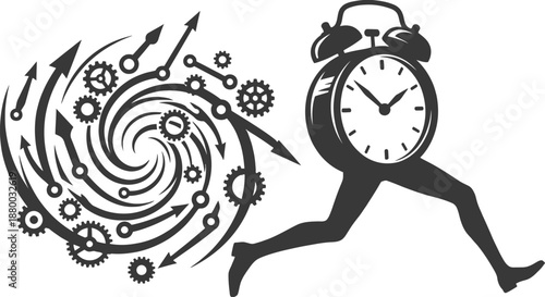 Alarm clock running with human legs representing deadline pressure