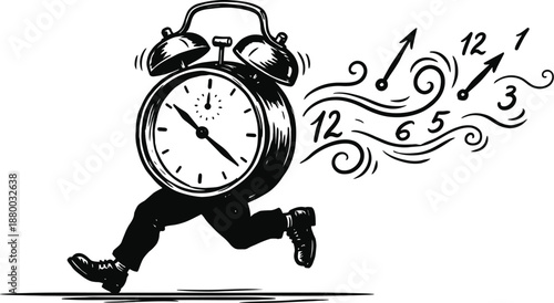 Alarm clock running with human legs representing deadline pressure