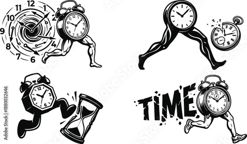 Alarm clock running with human legs representing deadline pressure