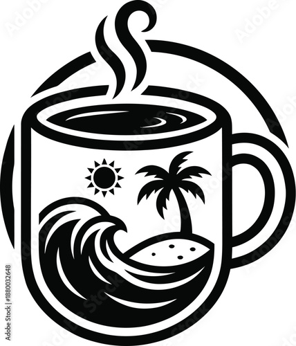 Coffee cup containing a miniature tropical beach and palm tree