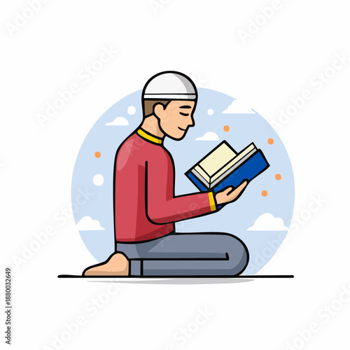 Young Muslim Man Reading Holy Quran Cartoon Illustration