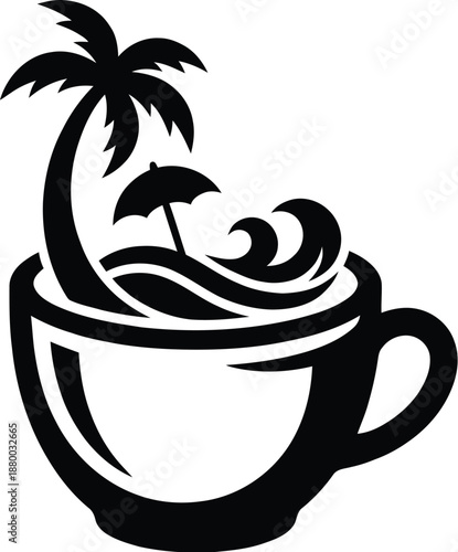 Coffee cup containing a miniature tropical beach and palm tree