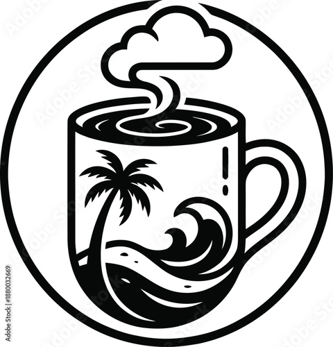 Coffee cup containing a miniature tropical beach and palm tree