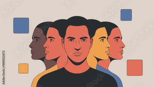 Illustration of diverse individuals facing identity crisis with multiple personas in modern environment