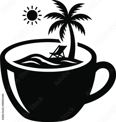 Coffee cup containing a miniature tropical beach and palm tree