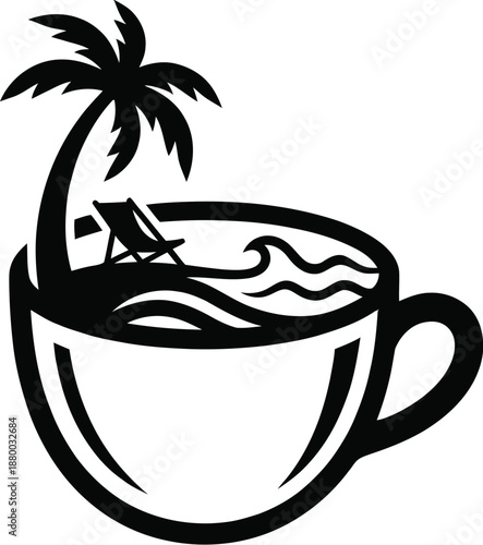 Coffee cup containing a miniature tropical beach and palm tree
