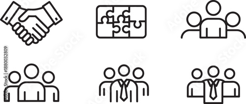 Grouping of abstract line art symbols representing business teams, leadership structure, and collaborative problem-solving using interconnected stick figures and puzzle shapes.