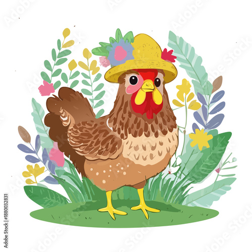 Brown chicken character wearing yellow hat in garden for farm nature and agriculture wildlife theme illustration