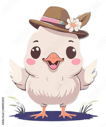 White chick character wearing brown hat for farm life and agriculture nature wildlife theme art illustration