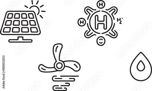 Renewable energy and sustainability icons display solar panels, a hydrogen molecule diagram, a moving fan, and a water cycle droplet graphic on a white background.
