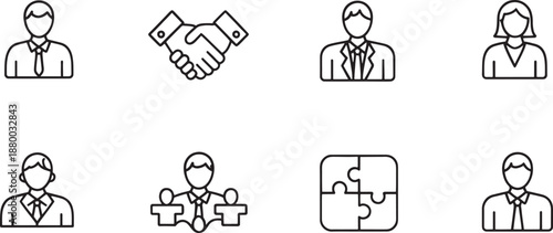 Business collaboration and teamwork icons featuring handshake, puzzle pieces, and various stylized professional figures arranged in a linear format.