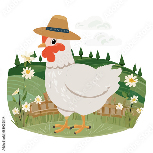 White chicken character wearing yellow hat in garden for farm life and agriculture nature wildlife illustration