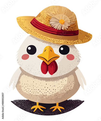 White chicken character wearing brown hat with flowers for farm nature and agriculture wildlife theme illustration