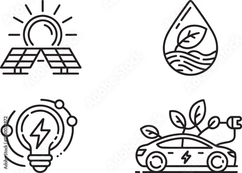 Set of four line icons illustrates renewable energy sources including solar power, water conservation, electric lightbulb innovation, and electric vehicle charging.