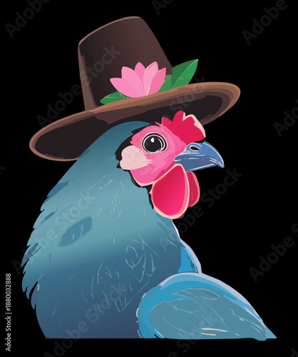 Blue chicken character wearing brown hat for farm life and agriculture nature wildlife theme concept art illustration