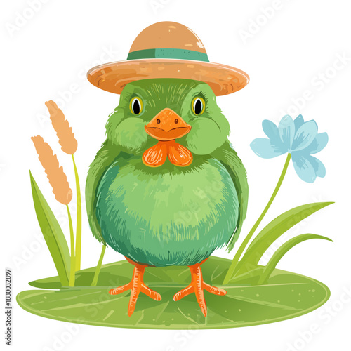 Green chick character wearing orange hat in garden for spring nature and farm wildlife theme art illustration