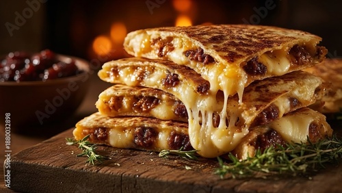 Melted cheese oozes from a delicious stack of quesadillas served with a side of cranberry sauce.