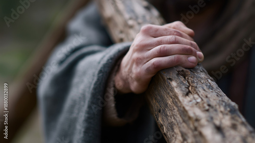Close up of hand gripping wooden cross symbolizing jesus carrying the cross during holy week passion sacrifice faith and devotion.