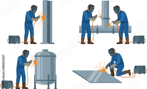 Welding activities illustration set with workers, helmets, gloves, sparks, pipe welding, tank welding, industrial safety vector icons