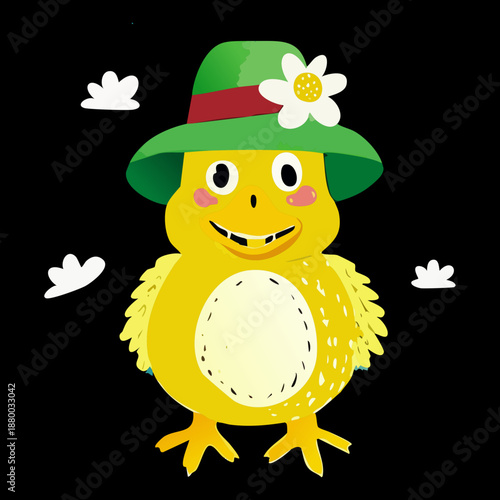 Cute yellow chick character wearing green sun hat with daisy flower for spring garden nature scene illustration