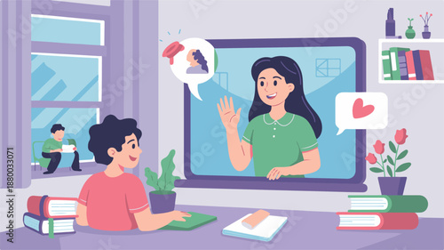 Student engaging in online education with hologram teacher in a modern study environment