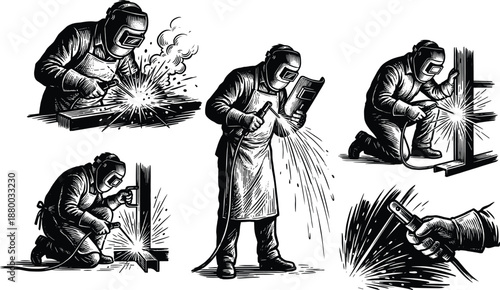 Welding activities illustration set with workers, protective gear, sparks, helmets, gloves, industrial safety process vector icons collection