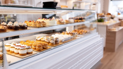 Bright bakery display case shows an assortment of pastries, tarts, éclairs under warm lighting and cozy vibes