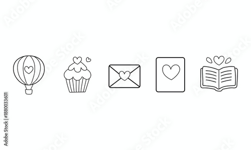 Hand Drawn Valentine Icon Set with Balloon Cupcake Envelope Card Book